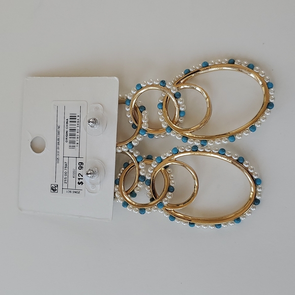 SugarFix by BaubleBar Long 3 Linked Gold Tone and Blue Nickel Free Earrings NWT - Picture 4 of 4